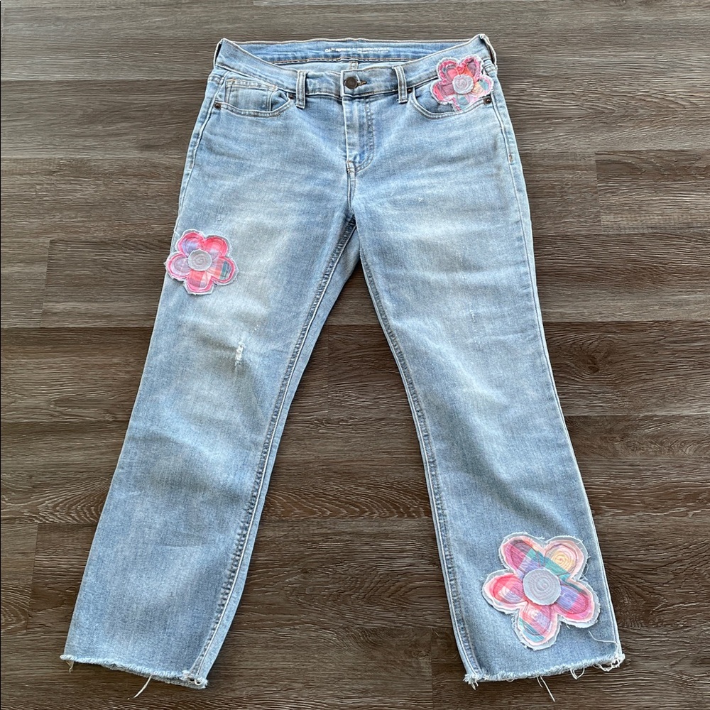 Upcycled Embellished Cropped Flare Light Wash Jeans Boho Scrappy Fabric Flowers